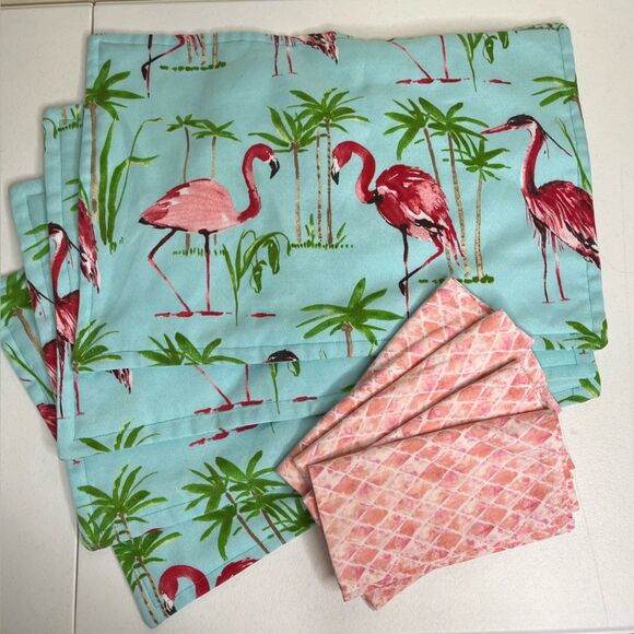 Handmade Flamingo Placemats Napkins Set 4 Aqua Blue Pink Novelty Fun Dining - Picture 1 of 9